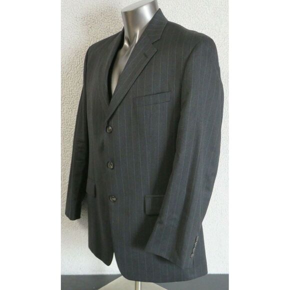 Mens Lauren  Ralph Lauren Black Gray 3 Button Suit‎ Jacket Size 44R Striped Wool - Picture 6 of 9